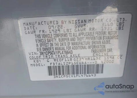 2023 Nissan Kicks Sv Xtronic Cvt z USA, uszkodzony, nr VIN 3N1CP5CV1PL476643